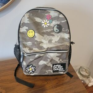 Justice Sport 16 Inch Backpack Girl's Green Camo Bookbag Smile Flower Pockets